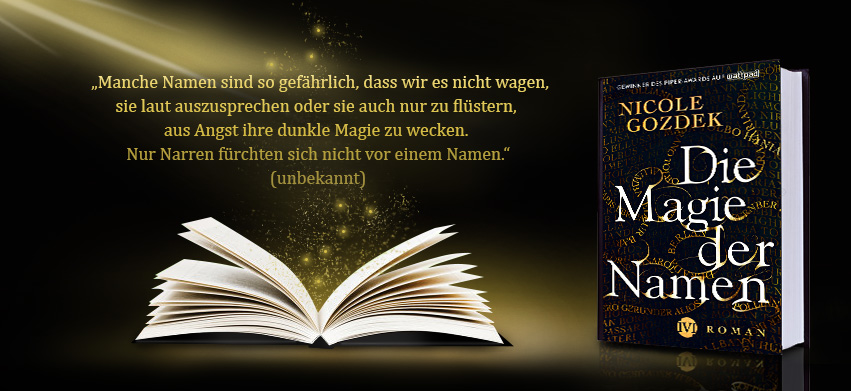Banner mit Büchern und einem Zitat aus "Die Magie der Namen"