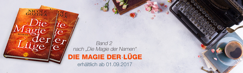 Banner mit 2 Büchern von "Die Magie der Lüge" und Schreibmaschine