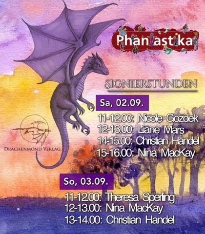 Banner mit Drache und den Signierstunden der Drachenmond Verlag-Autoren auf der Phantastika