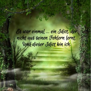 Zitat vom Anfang meines Märchenfantasy-Projekt vor einer nebligen Landschaft mit Bäumen und einer Trepp